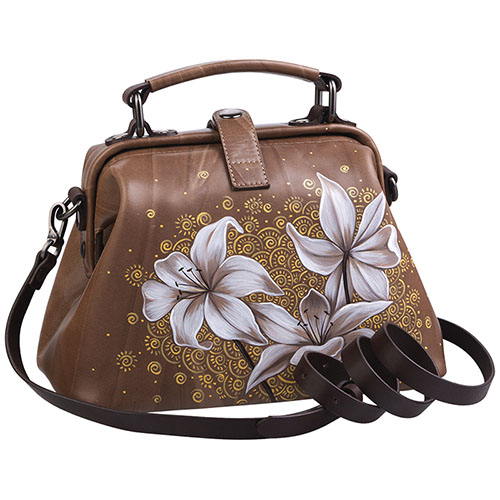 Женская сумка бежевая с росписью Alexander TS Фрейм «Лилии на бежевом»