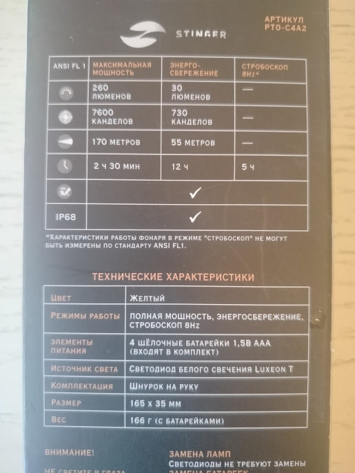Фонарь светодиодный водонепроницаемый GripLite STINGER PT0-C4A2