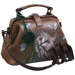Женская сумка бежевая с росписью Alexander TS Фрейм «Кот на лужайке»