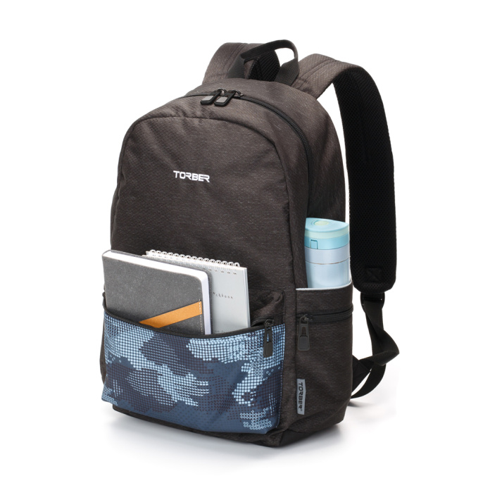 Рюкзак TORBER GRAFFI, серый с карманом синего цвета T2671-BLU