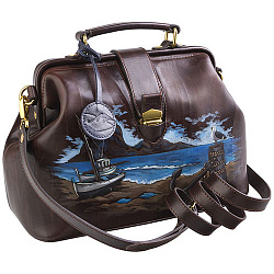 Женская сумка с росписью Alexander TS Фрейм Медиум «Побережье» в коричневом