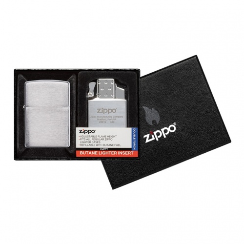 Набор: зажигалка 200 с покрытием Brushed Chrome и газовый вставной блок с двойным пламенем  Zippo 200-082950 GS